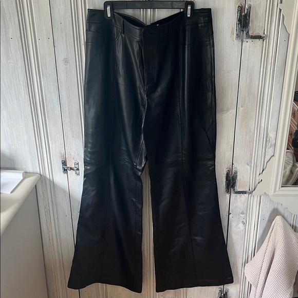 Mango Pants - MNG Black Faux Leather Wide Leg Pants Size 14 (EUR 46) High Rise Flare Trousers